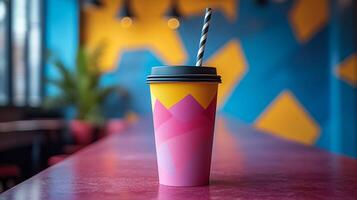 A takeout cup with a bright, geometric design rests on a pink table surface in a modern cafe. The colorful walls feature artistic shapes, enhancing the lively atmosphere. photo