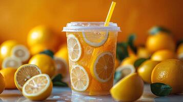 A clear cup filled with lemonade showcases vibrant lemon slices and ice, placed among scattered whole lemons on a sunny surface, creating a refreshing summer atmosphere. photo