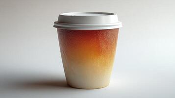 A takeaway cup featuring a smooth gradient from orange to white sits against a neutral background, inviting the warmth of a comforting drink. The clean lines emphasize simplicity. photo