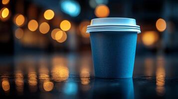 A takeaway coffee cup stands alone on a glossy surface, reflecting the warm bokeh lights around it. The atmosphere is cozy and inviting, perfect for an evening treat. photo