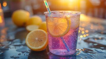 A colorful drink sits on a wet table, adorned with slices of lemon. The sun sets in the background, creating a warm, inviting atmosphere perfect for relaxation. photo