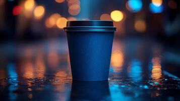A black coffee cup sits on a wet surface, surrounded by blurred bokeh lights in an urban environment. The scene captures a cozy, tranquil moment during a rainy evening. photo