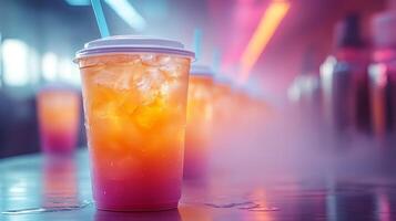 Refreshing drinks with layers of bright colors sit on a table in a dimly lit cafe, surrounded by a playful mist and illuminated neon lights. photo