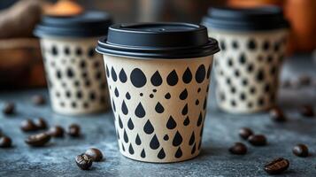 Coffee cups featuring distinct rain drop patterns are placed on a table surrounded by scattered coffee beans. The warm setting creates a comfortable vibe for coffee lovers. photo