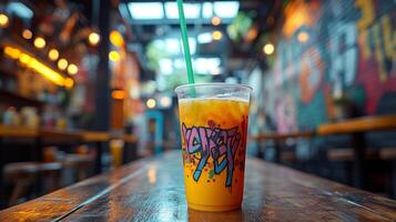 A refreshing orange drink with ice is served in a vibrant cup, placed on a rustic wooden table in an urban cafe. The cozy atmosphere features colorful murals and ambient lighting. photo
