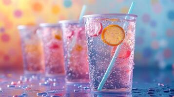 Several clear plastic cups filled with sparkling drinks sit on a table, adorned with vibrant garnishes like lemon slices and berries. The playful background adds to the lively atmosphere. photo