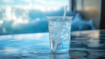 Clear drink filled with ice sits in a plastic cup on a smooth surface. Sunlight streams through a nearby window, casting light on melting ice and droplets of water. photo