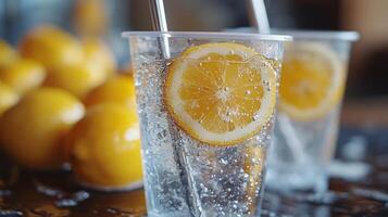 Clear cups filled with sparkling water feature vibrant lemon slices floating atop. Fresh lemons are arranged nearby, adding brightness to the sunny kitchen atmosphere. photo