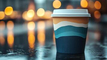A warm cup of coffee sits on a reflective wet surface, surrounded by softly glowing city lights. The setting is tranquil, marking an evening ambiance. photo