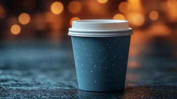 A warm coffee cup is placed on a reflective table with a dark surface. Soft, blurred lights create a cozy and inviting atmosphere, perfect for a relaxing evening. photo