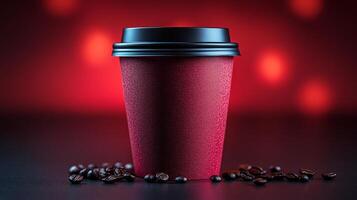 A cozy coffee cup sits on a dark surface surrounded by scattered coffee beans. The background is softly lit in red, creating a warm atmosphere, perfect for enjoying a hot beverage. photo