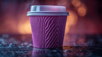 A steaming purple cup filled with a hot drink is placed on a reflective surface. The vibrant, blurred lights in the background create a warm, inviting atmosphere perfect for relaxation. photo