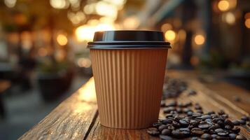 A coffee cup sits on a rustic wooden table, surrounded by coffee beans as the sun sets, casting a warm glow and creating a delightful ambiance of a cafe. photo