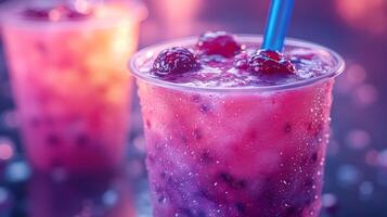 Colorful berry drinks filled with ice and topped with fresh berries are enjoyed at a lively summer gathering. The ambience is bright and festive during sunset. photo