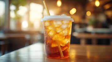 An iced beverage with ice cubes and a straw rests on a wooden table inside a cafe. Soft lighting illuminates the drink, creating a cozy atmosphere during the golden hour. photo