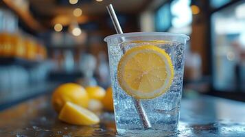 A clear cup filled with sparkling lemonade rests on a table, garnished with lemon slices. Fresh lemons are scattered nearby, enhancing the inviting atmosphere of the cafe. photo
