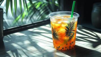 A clear cup filled with a colorful tropical drink sits on a wooden table. The sunlight creates playful shadows from nearby green plants, enhancing the atmosphere. photo