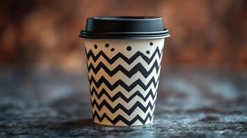 A coffee cup featuring a unique zigzag pattern sits on a textured surface. Bright lighting enhances the cup's design, creating a warm atmosphere. photo