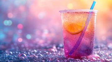 A colorful beverage with bubbles sits on a wet surface adorned with droplets. A lemon slice rests on the rim, reflecting the vibrant hues of a summer evening. photo