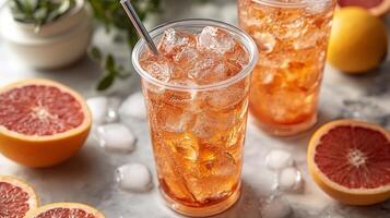 Two transparent cups filled with a vibrant orange drink sit on a marble table, surrounded by ice and fresh citrus fruits, creating a refreshing summer atmosphere. photo