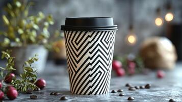 A unique coffee cup with a striking black and white geometric pattern sits on a rustic wooden table. Surrounding the cup are scattered coffee beans and fresh greenery, creating a cozy atmosphere. photo