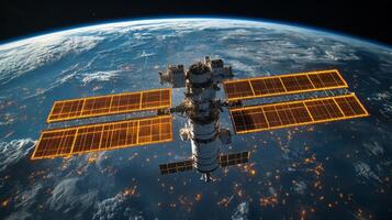 A spacecraft orbits Earth, utilizing solar panels for energy while transmitting telemetry data. It contributes to astrophysical research by monitoring cosmic radiation and atmospheric conditions. photo