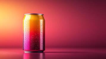 A brightly colored soda can stands on a smooth surface, glistening with condensation. Warm light creates a vivid, gradient backdrop that enhances the refreshing look of the drink. photo