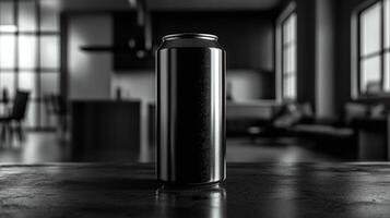 A black beverage can is centered on a countertop, highlighted against the minimalist backdrop of a contemporary kitchen with soft afternoon light streaming through large windows. photo