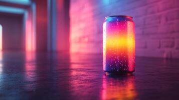 A brightly colored can stands against a backdrop of glowing lights in an urban environment, showcasing droplets of water on its surface as evening descends. photo