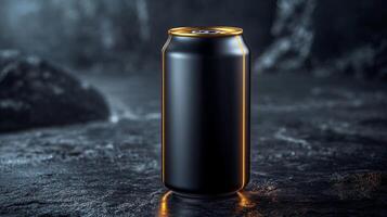 A tall, black beverage can stands upright on a dark, rocky surface. Soft light accentuates its smooth design, highlighting contours and edges. photo