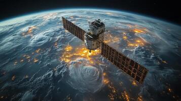 A satellite orbits Earth, transmitting telemetry data while monitoring atmospheric conditions and cosmic radiation. The vibrant lights of cities are visible below, framing the satellite. photo