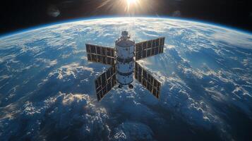 A spacecraft orbits Earth, transmitting telemetry and collecting data on cosmic radiation. Sunlight illuminates the satellite and the atmosphere below, showcasing the vastness of space. photo
