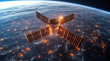 This visual depicts a sophisticated satellite positioned in low Earth orbit, engaging in data transmission and telemetry operations while observing Earth. photo