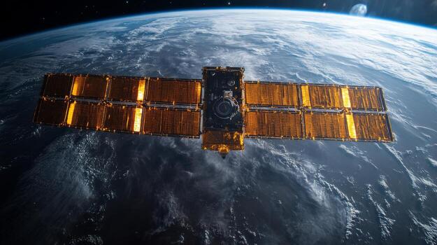 A sophisticated satellite orbits Earth, equipped with solar panels, actively transmitting telemetry data while monitoring cosmic radiation and atmospheric conditions for scientific purposes. photo