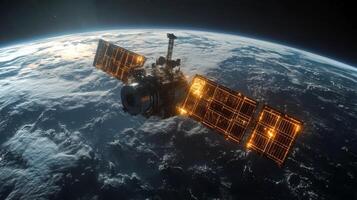 A satellite equipped with solar panels orbits Earth, relaying crucial telemetry data. The view captures the intricate details of its structure against the backdrop of our planet and atmosphere. photo