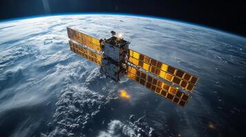 A sophisticated satellite operates in low Earth orbit, capturing cosmic radiation and transmitting telemetry data about the atmosphere while revealing the beauty of Earth below. photo
