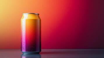 A can of beverage displays a colorful gradient pattern of orange to purple, resting on a reflective surface while soft light casts a warm glow in the background at dusk. photo