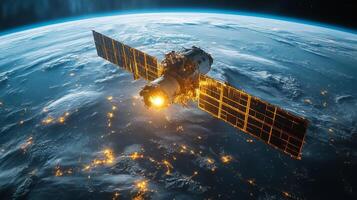 A spacecraft equipped with solar panels conducts telemetry transmissions as it orbits Earth. photo