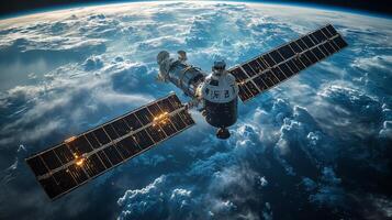 A satellite equipped for telemetry transmits data while orbiting Earth. This advanced spacecraft studies cosmic radiation and the atmosphere, enhancing astrophysics research. photo