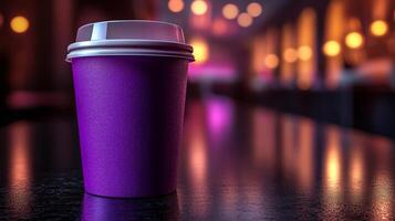 A purple disposable cup is positioned on a dark tabletop, illuminated by soft, warm lights in the background of a cozy cafe. The ambiance suggests a relaxing evening setting for visitors. photo