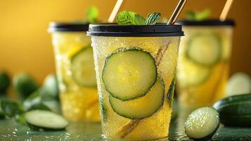 Three transparent cups filled with cucumber-infused drinks are showcased against a colorful background. Fresh mint leaves garnish the beverages, adding aroma to the refreshing experience. photo