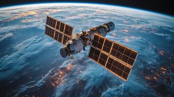 The spacecraft orbits Earth, utilizing solar panels to harness energy while transmitting crucial telemetry data. Vibrant lights from the planet below contrast with the cosmic backdrop. photo