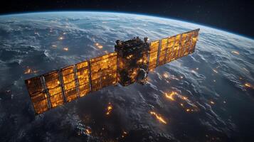 In low Earth orbit, a sophisticated spacecraft is actively transmitting telemetry data focusing on cosmic radiation and the atmosphere's properties, vital for astrophysics. photo