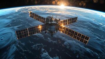 A satellite equipped for transmission and telemetry orbits Earth as the sun rises, revealing the intricate details of the planet's atmosphere and cosmic phenomena. photo