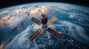 A satellite orbits Earth, transmitting telemetry data crucial for astrophysics research. Its solar panels efficiently harness energy while observing cosmic radiation effects. photo