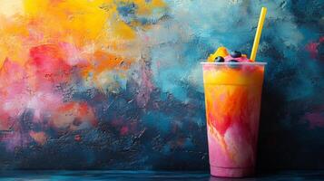 A refreshing drink featuring layers of bright colors sits in a clear cup with a yellow straw. The backdrop is an artistic blend of vibrant hues, enhancing the drink's appeal. photo