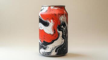 A distinctive aluminum can displays an eye-catching design with swirling patterns of red, black, and white. It stands upright against a light background, highlighting its creative artwork. photo