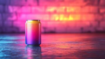 A sleek spray can sits prominently on a reflective surface, bathed in an array of bright, colorful lights. The backdrop features a blend of purple and orange hues, creating an energetic atmosphere. photo