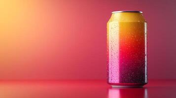 A beverage can displays a gradient of colors, reflecting light and moisture, resting on a smooth surface. The background glows with warm tones of orange and pink, suggesting a serene evening. photo