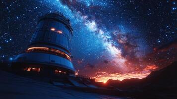 An advanced satellite telescope stands tall under a star-filled sky, capturing telemetry and transmission data of cosmic radiation and astrological wonders at twilight. photo